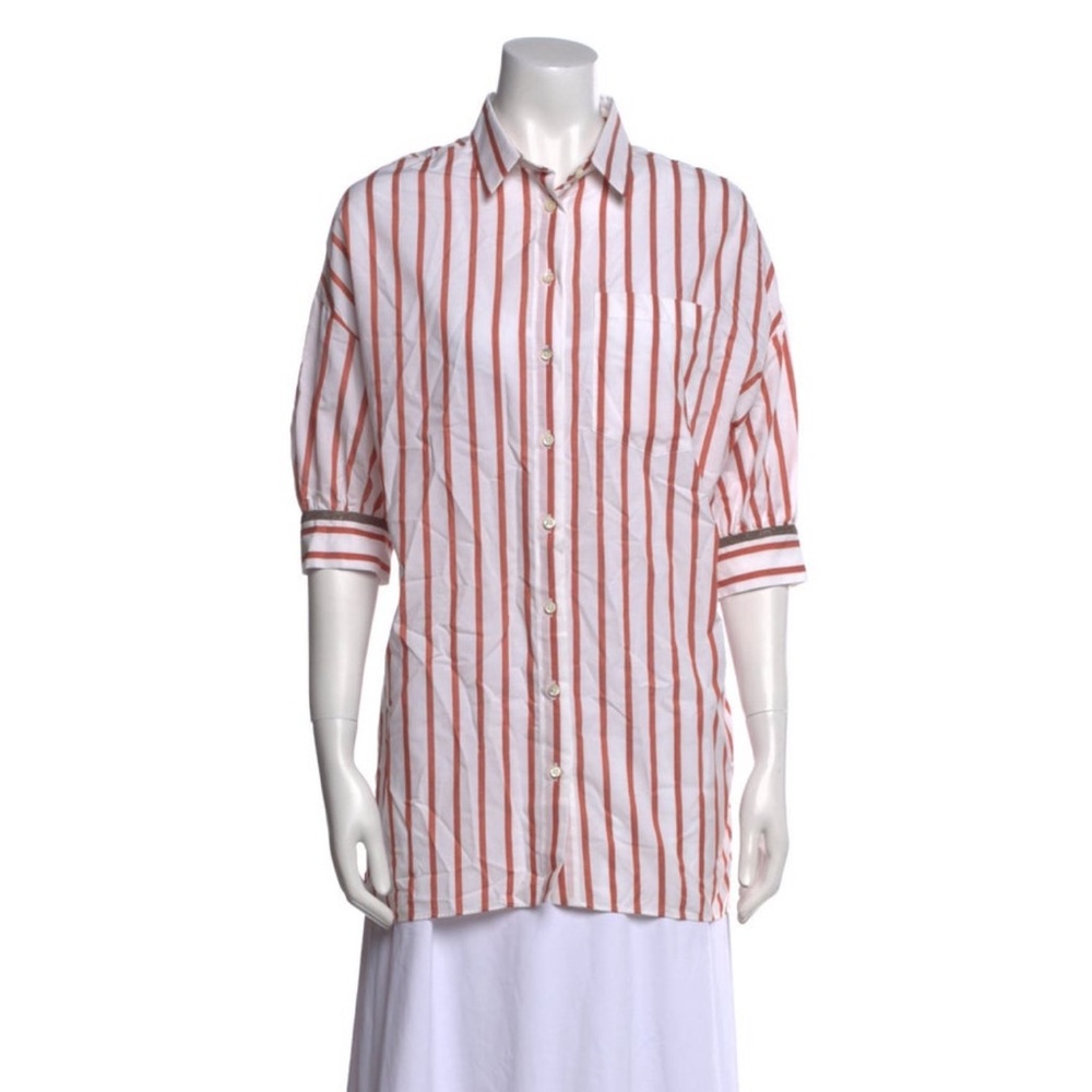 Brunello Cucinelli White Striped Tunic Shirt Monili Sleeves Large